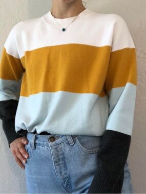 French Connection Mustard, Light Blue and Navy Colorblock Crewneck